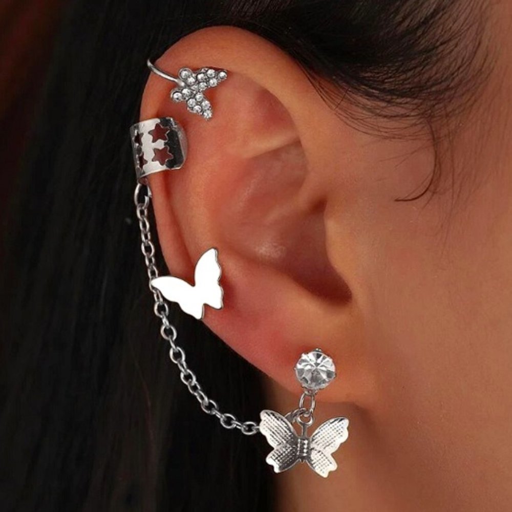 New Silver Beauty Butterfly Glossy Stone Sliver 3Pc Set